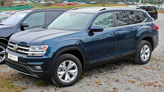 Dark blue Volkswagen Atlas in a car lot