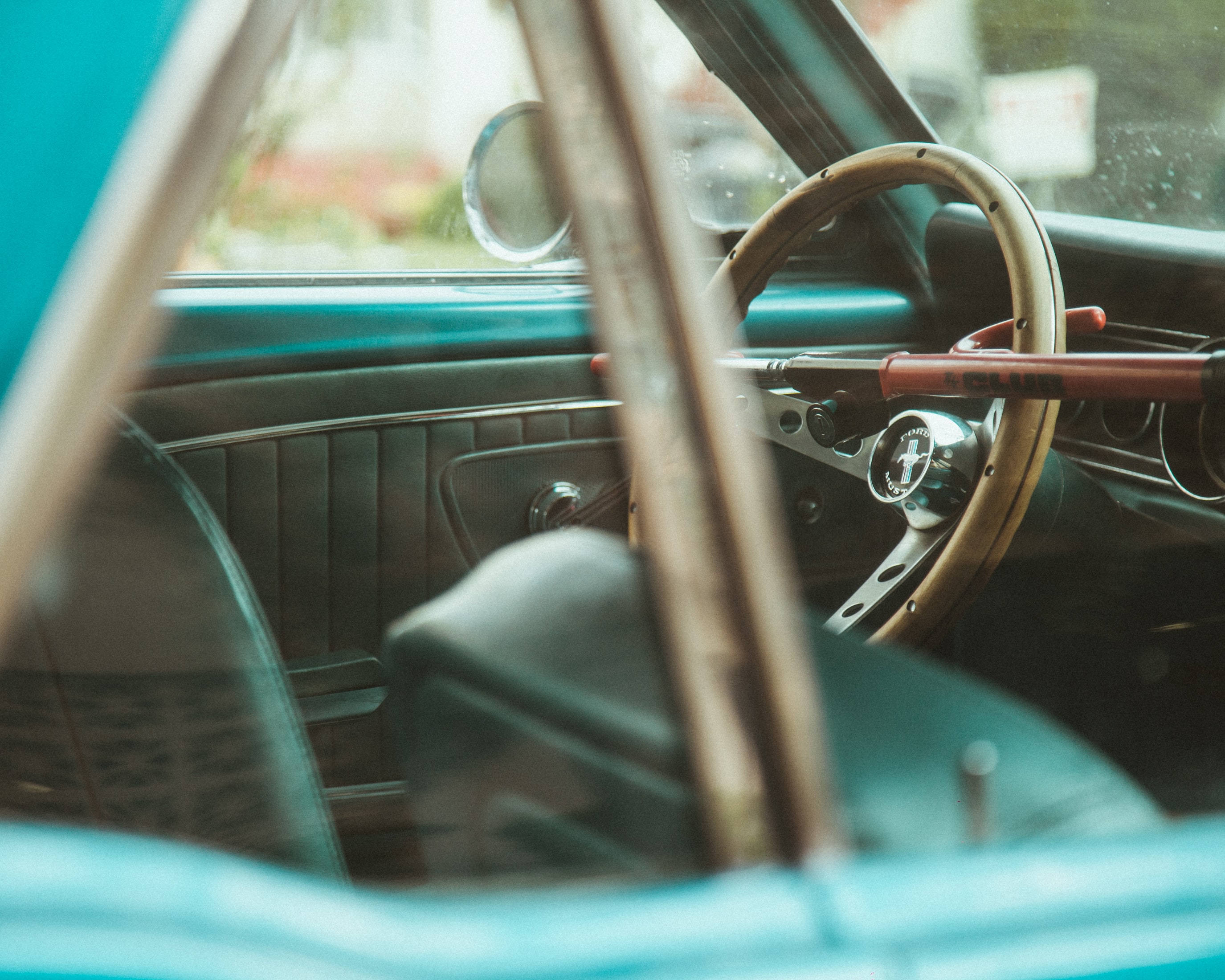 interior of vintage teal car