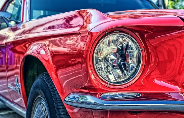 Cherry red Ford Mustang front bumper and headlights