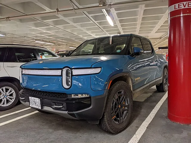 Rivian in a parking garage