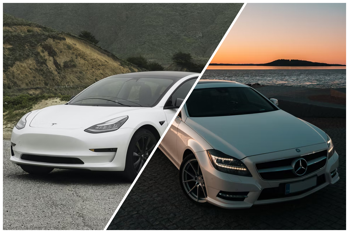 split screen of tesla and mercedes vehicles